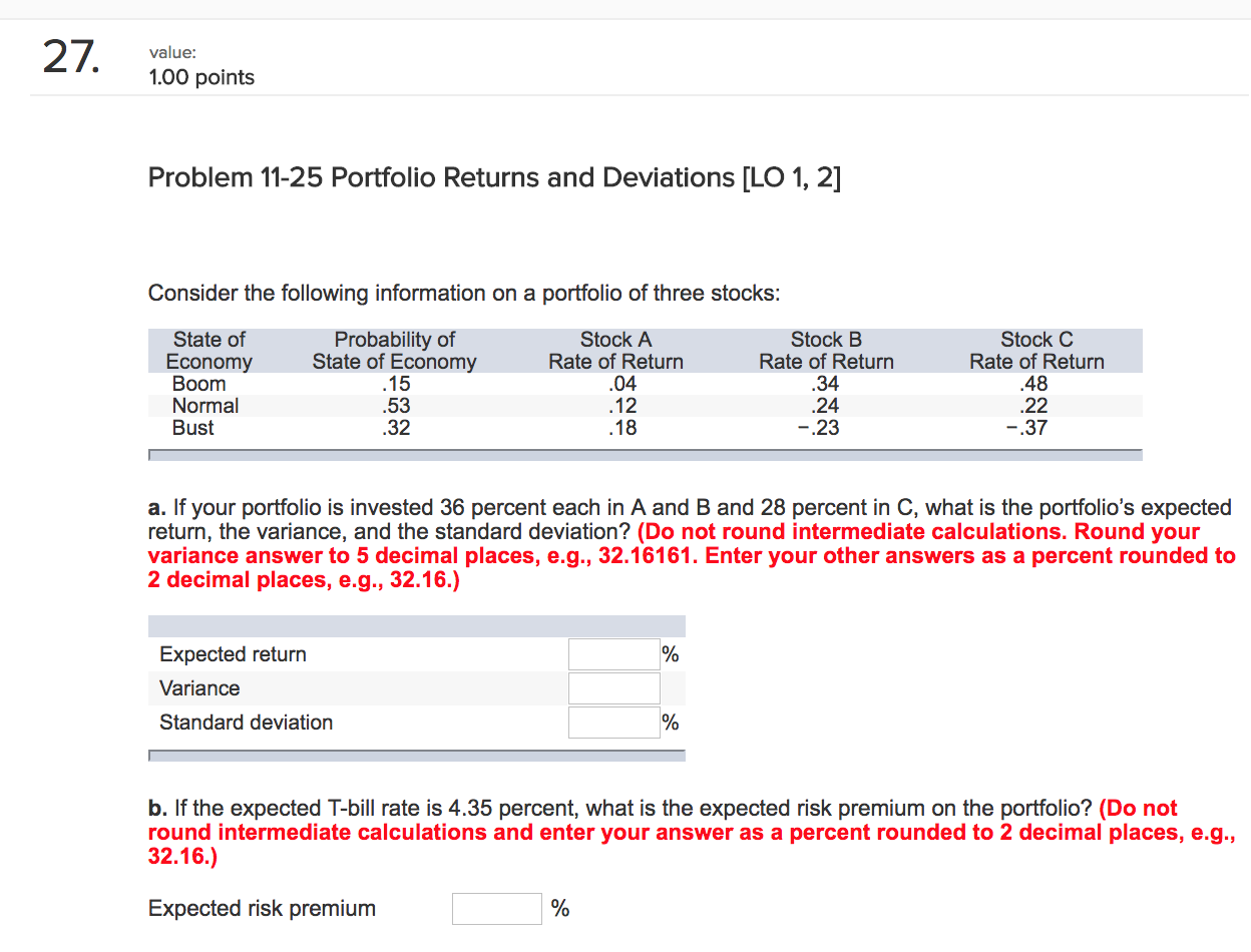 1, 2] Consider the following information on a portfolio of three stocks: