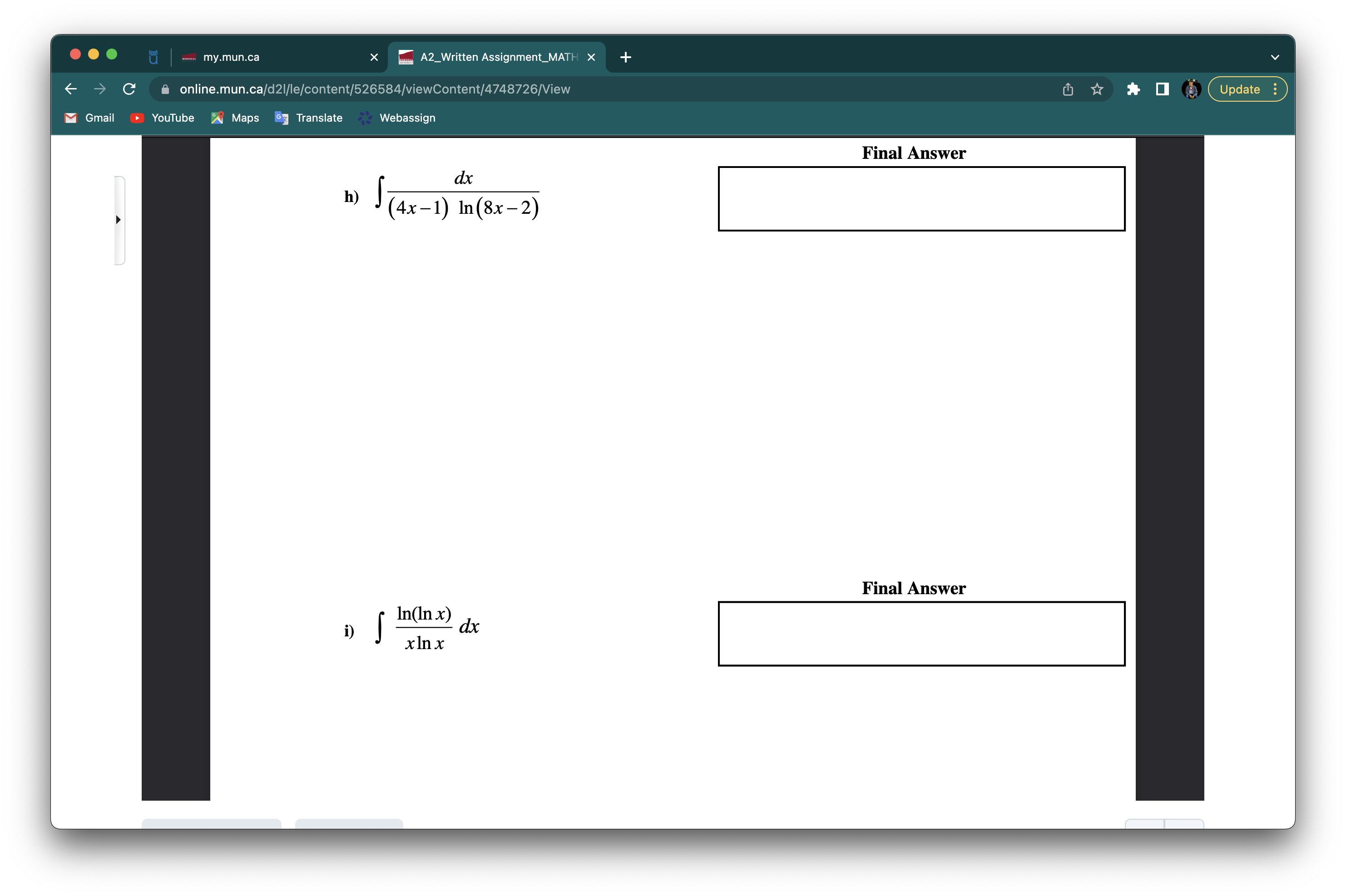 Update Gmail YouTube Maps Translate Webassign Final Answer dx x (In x