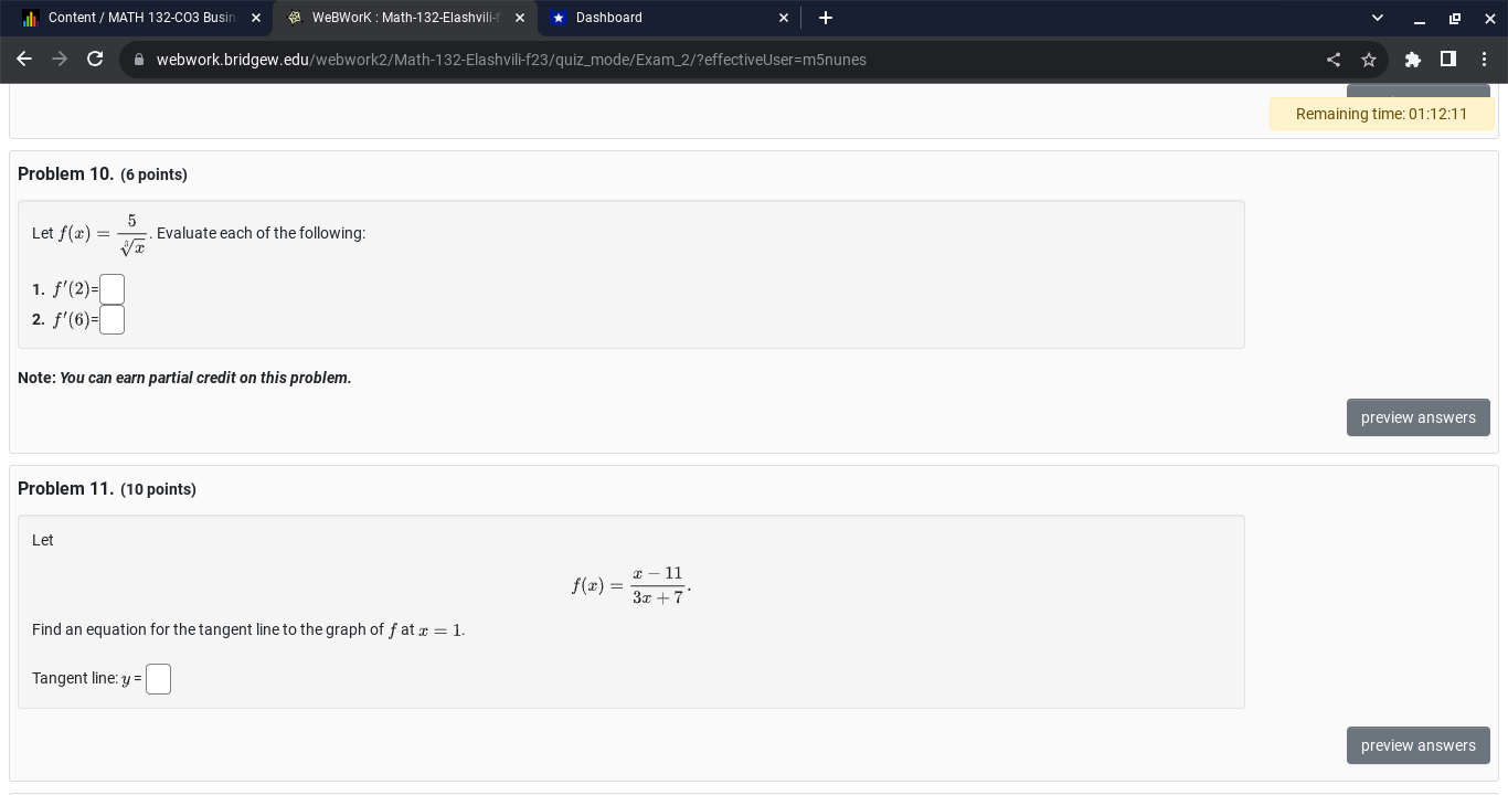  Content / MATH 132-CO3 Busin x WeBWork : Math-132-Elashvili-f > *Dashboard