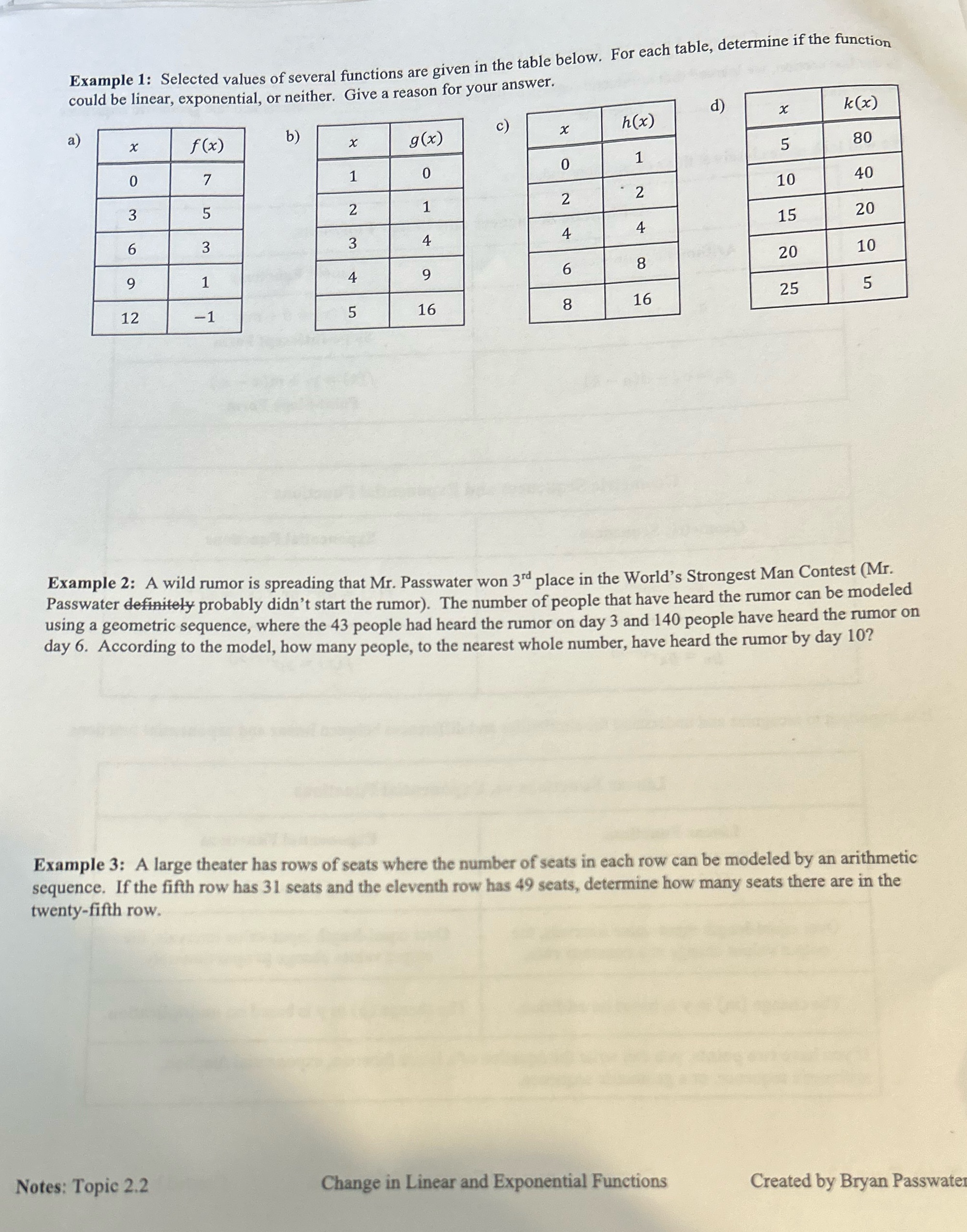 table below. For each table, determine if the function could be linear,