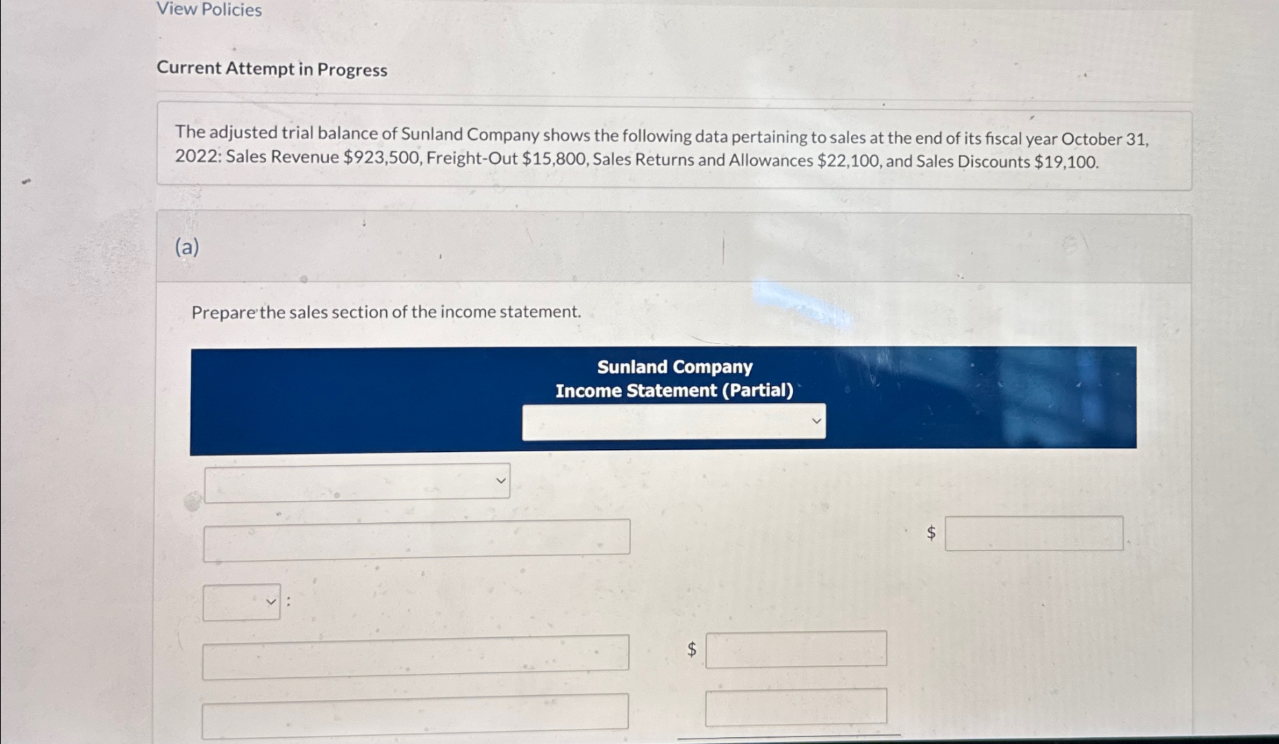 Sunland Company shows the following data pertaining to sales at the end