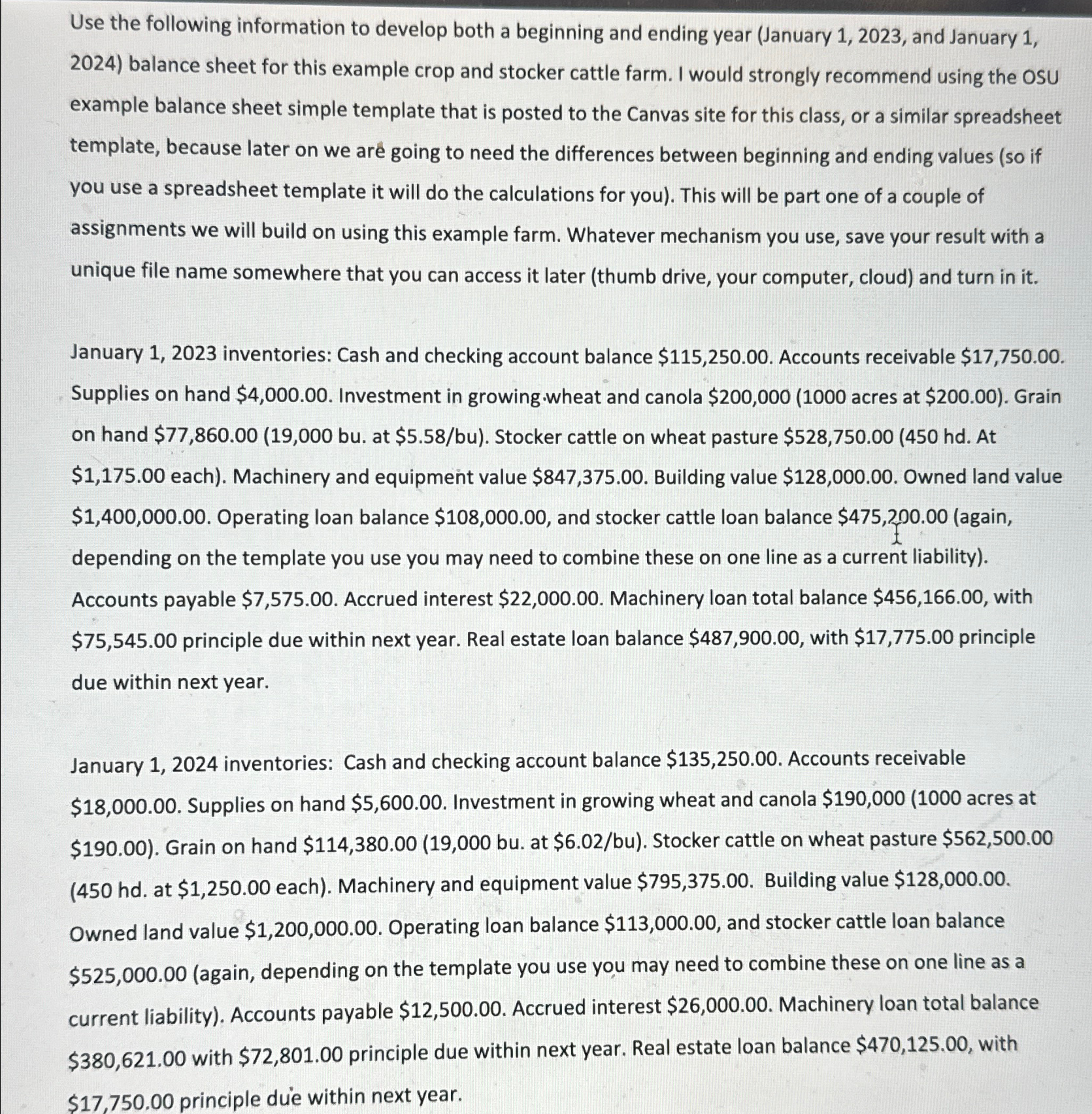 year (January 1,2023, and January 1,2024) balance sheet for this example crop