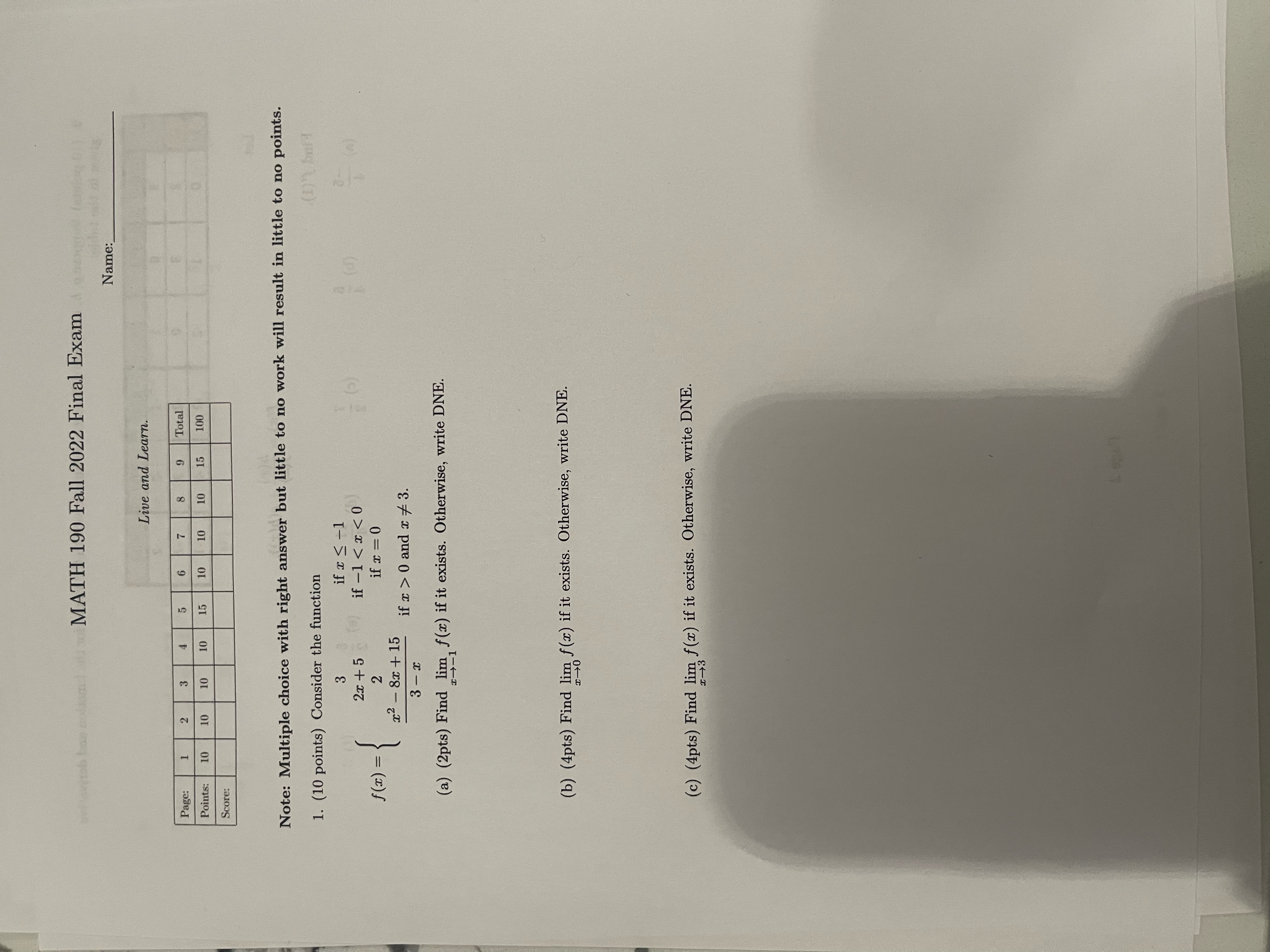 MATH 190 Fall 2022 Final Exam Name: Live and Learn. Page: