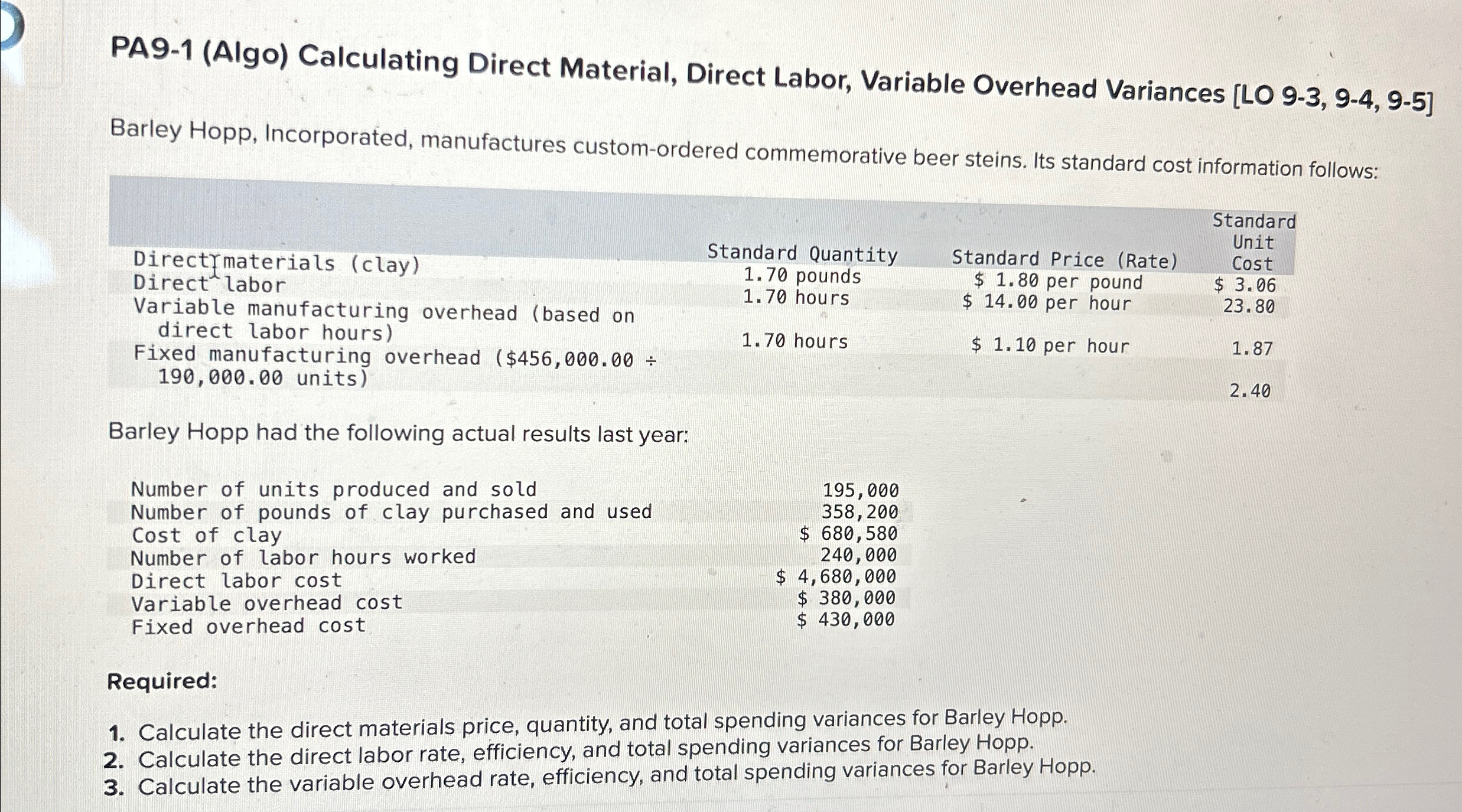  PA9-1(Algo) Calculating Direct Material, Direct Labor, Variable Overhead Variances [L09-3,9-4,9-5] Barley
