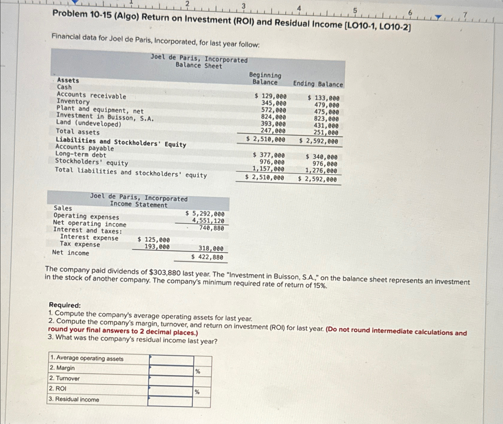 Problem 10-15 (Algo) Return on Investment (ROI) and Residual Income (LOIO-I, LOIO-2J