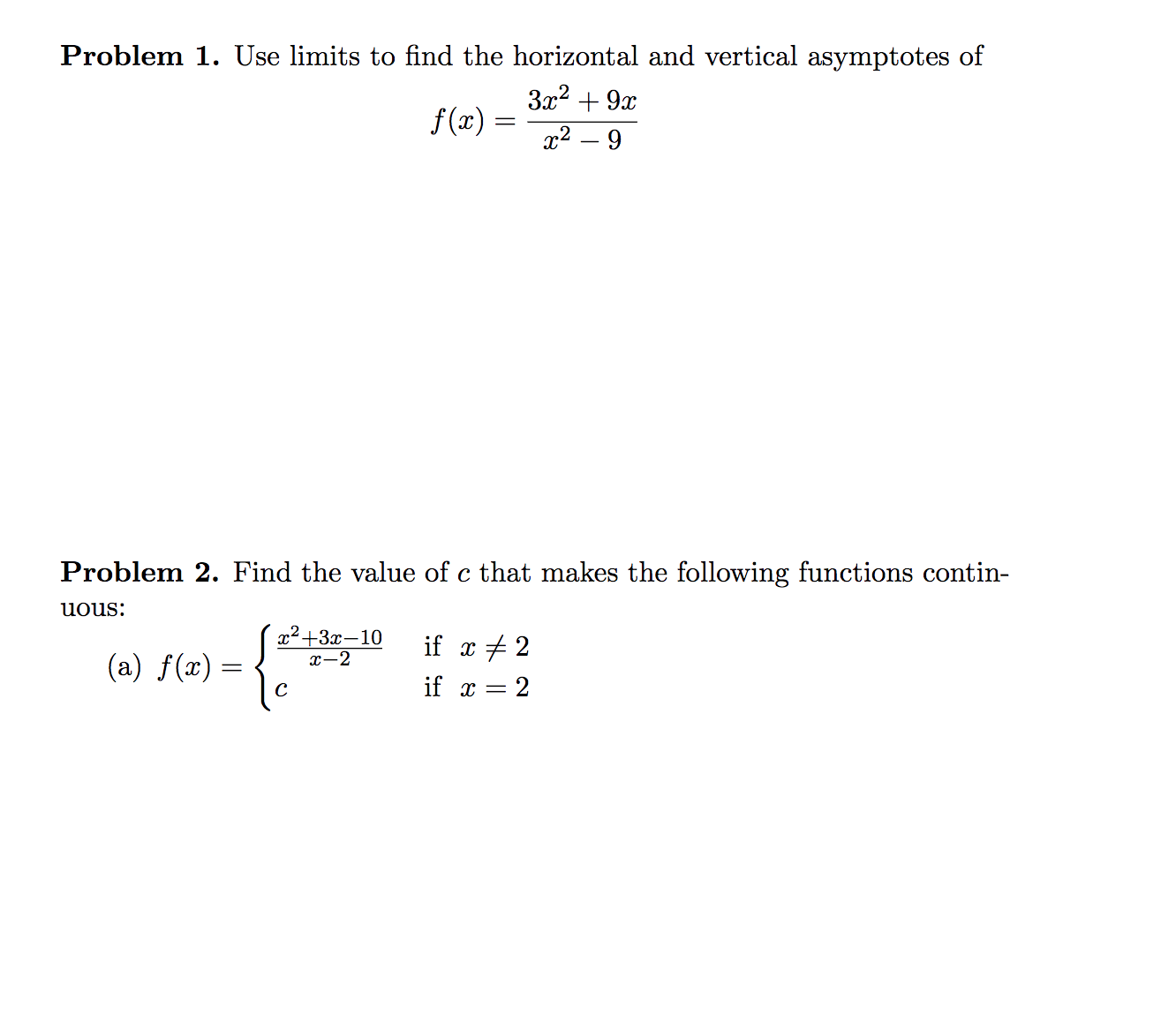 the value of c that makes the following functions contin- uous: x