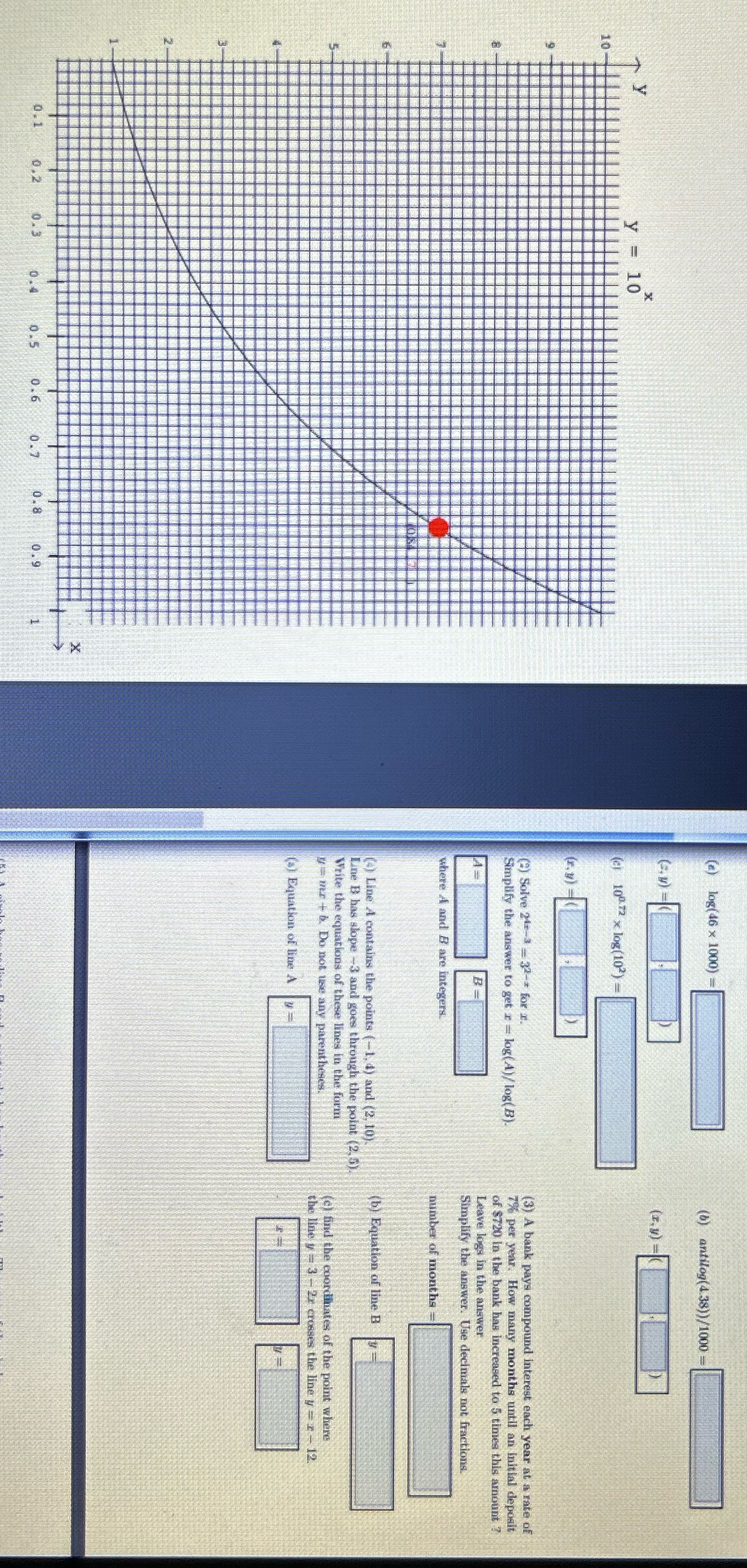 y values for (a),(b),(c),(d)? () log(46 x 1000)= (b) antilog(4.38))/1000 = (=,