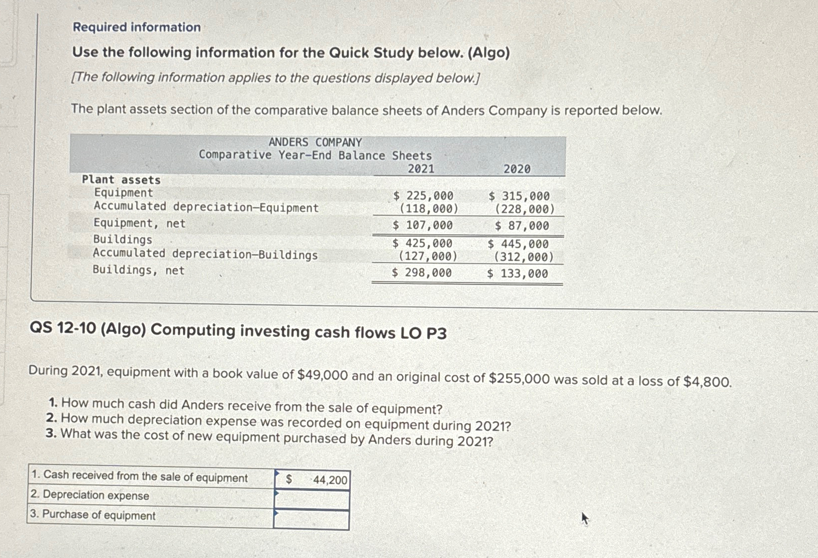  Required information Use the following information for the Quick Study below.
