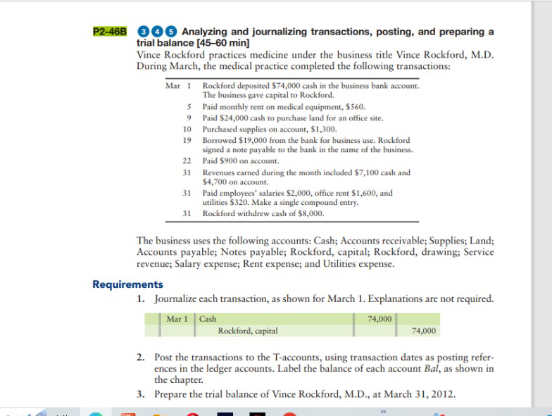 P2-46B 3(4)5 Analyzing and journalizing transactions, posting, and preparing a trial