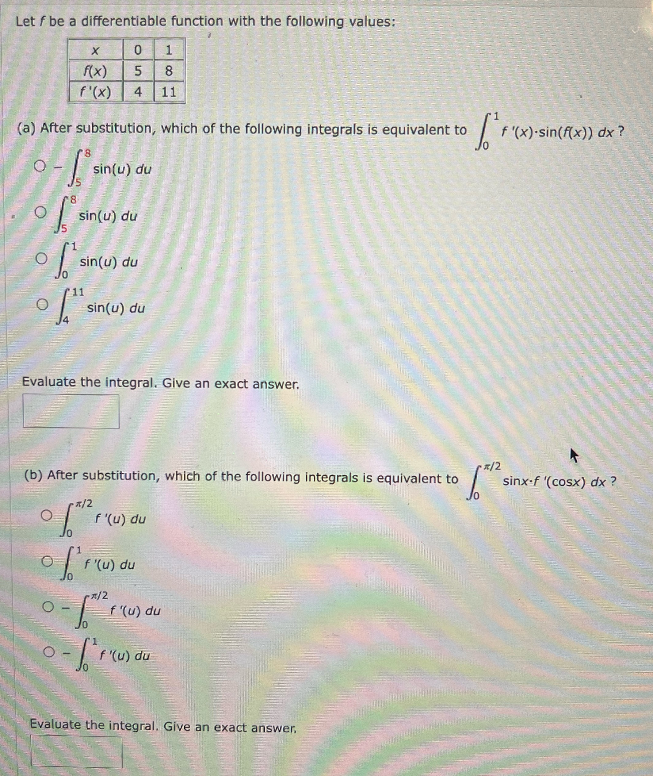  Let f be a differentiable function with the following values: X
