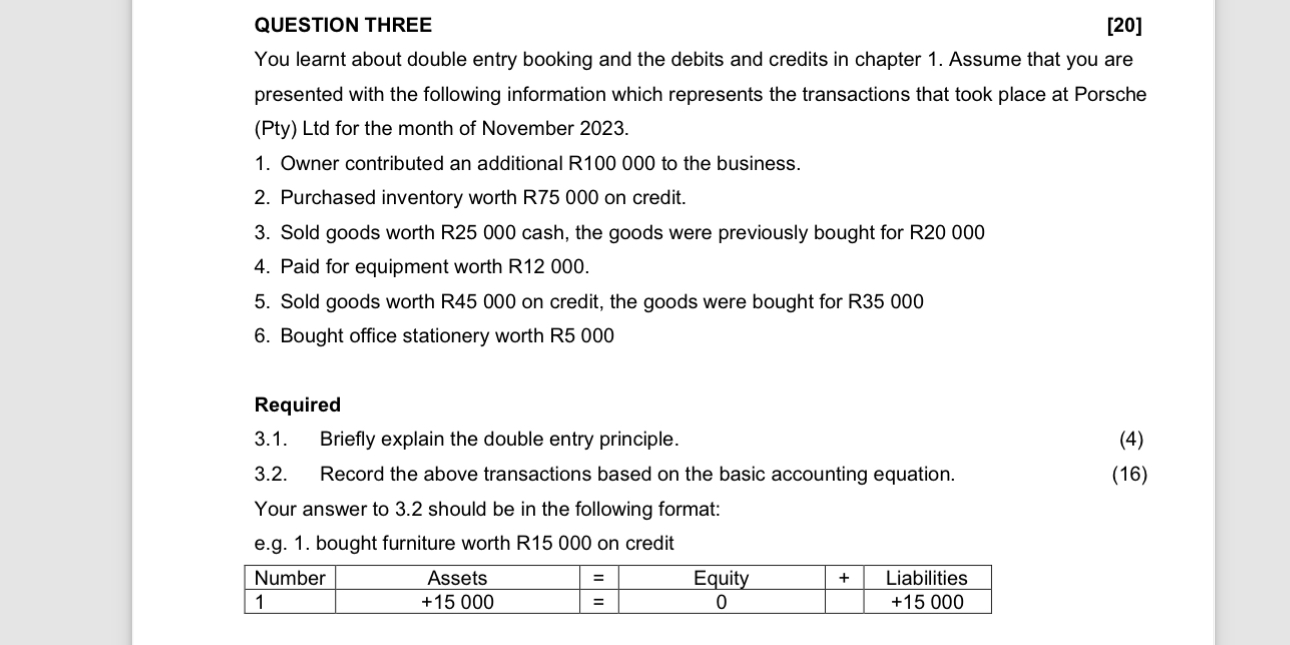  QUESTION THREE [20] You learnt about double entry booking and the
