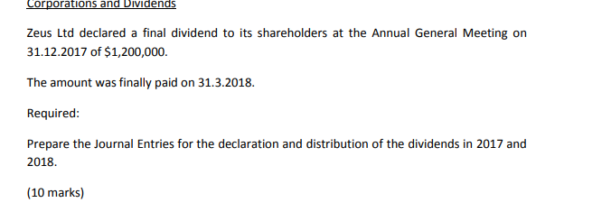 Corporations and Dividends Zeus Ltd declared a final dividend to its