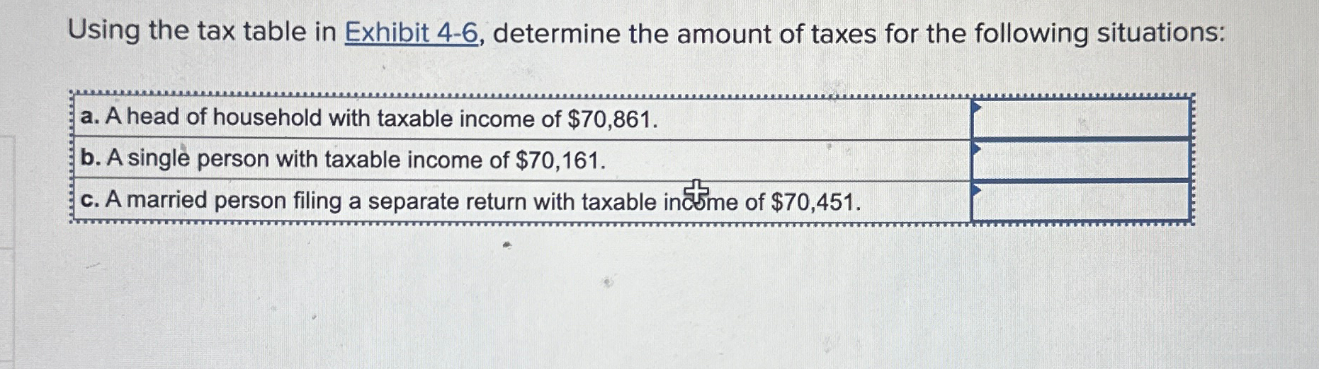  Using the tax table in Exhibit 4-6, determine the amount of