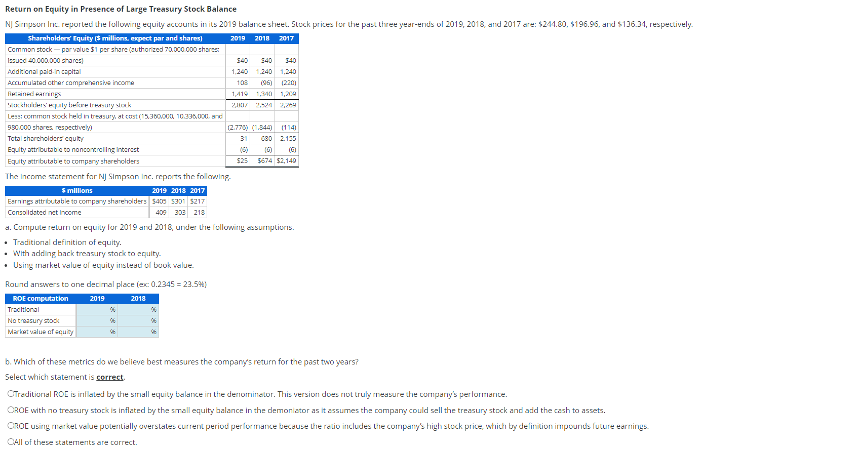 Compute return on equity for 2019 and 2018 , under the following