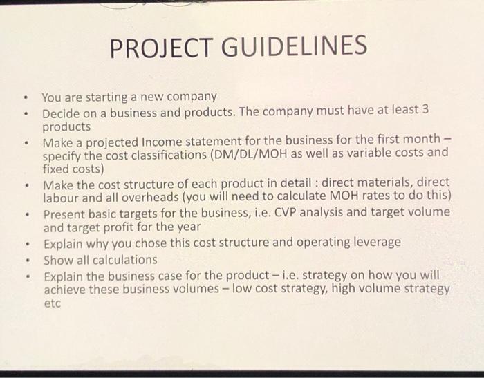  PROJECT GUIDELINES . . . You are starting a new company