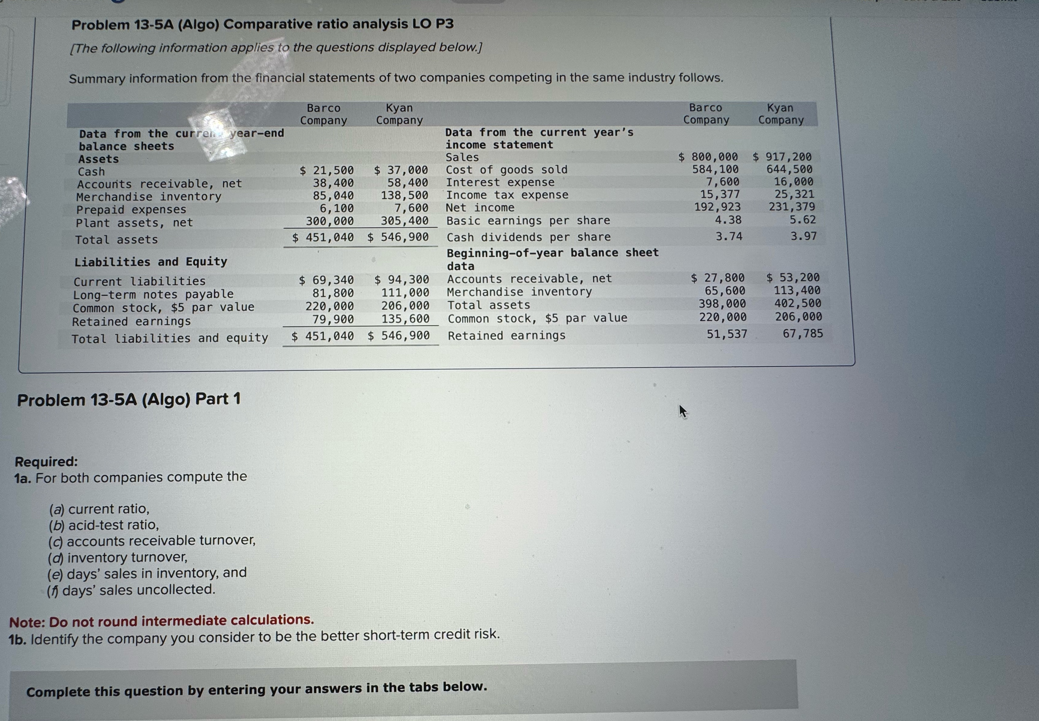 Problem 13-5A (Algo) Comparative ratio analysis LO P3 [The following information