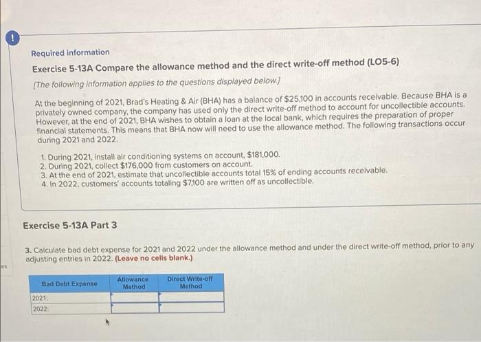 Required information Exercise 5-13A Compare the allowance method and the direct