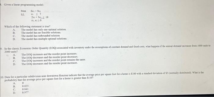  Given a libear programming model: Maxs.t.?6x1?+9x2??1??72x1?+3x2??18x1?x2??0? Which of the following statement