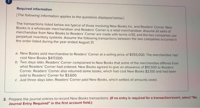  Required information [The following information applies to the questions displayed below.)