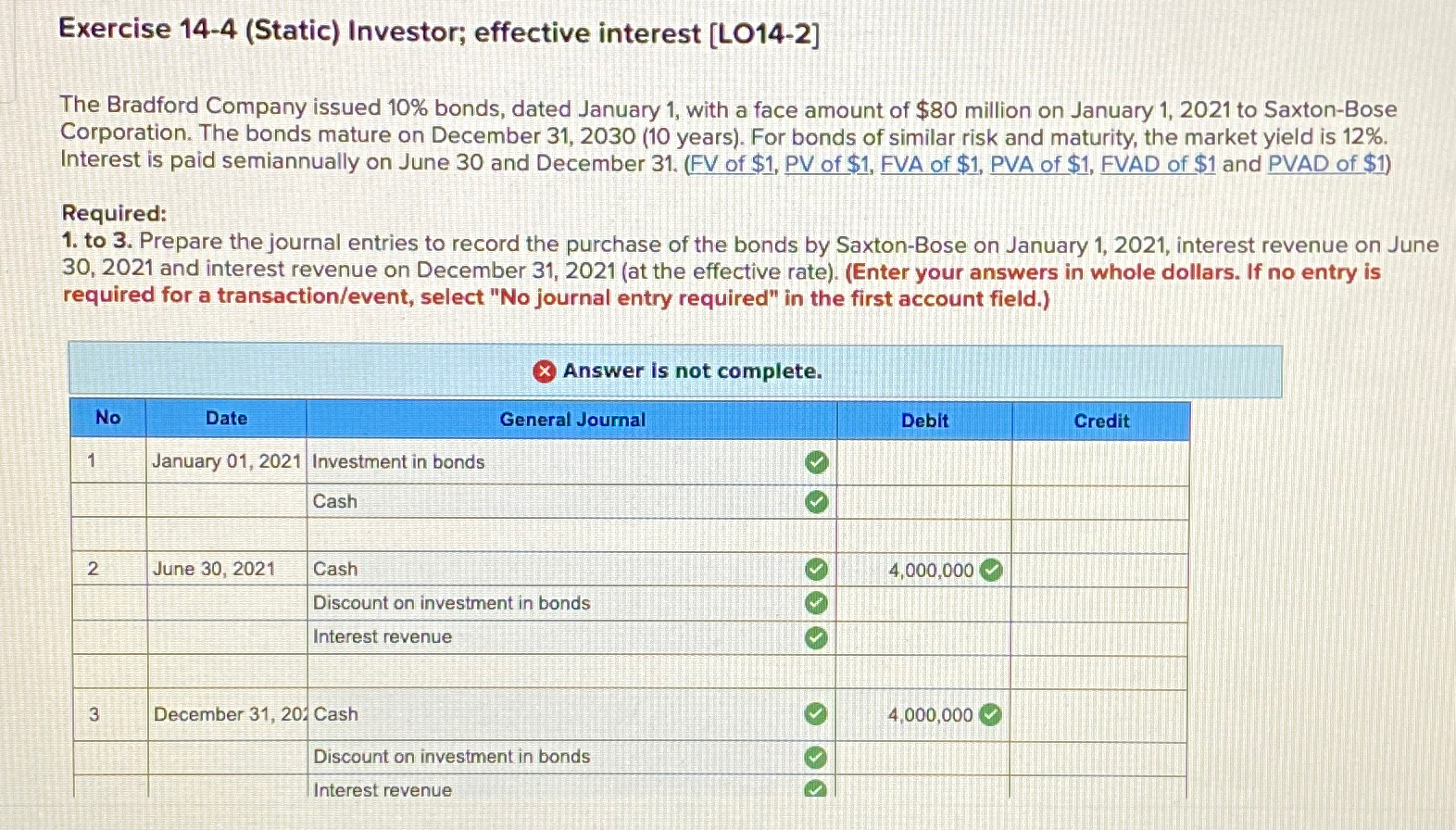 Exercise 14-4(Static) Investor; effective interest [L014-2] The Bradford Company issued 10%