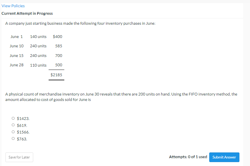 made the following four inventory purchases in June: June 1 140 units