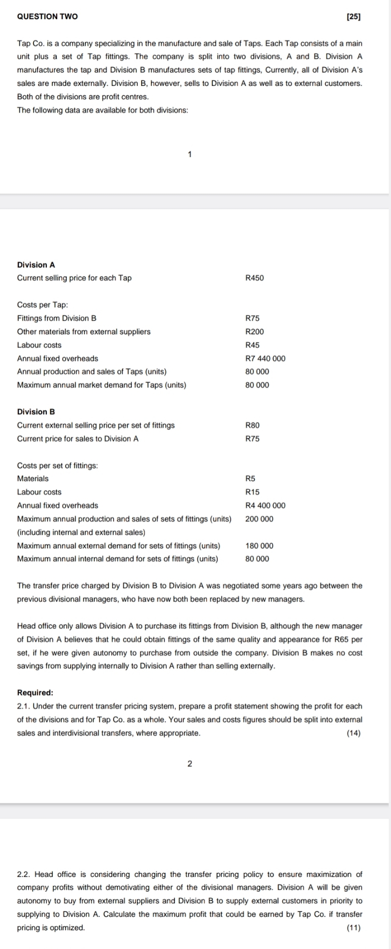  QUESTION TWO [25] Tap Co. is a company specializing in the