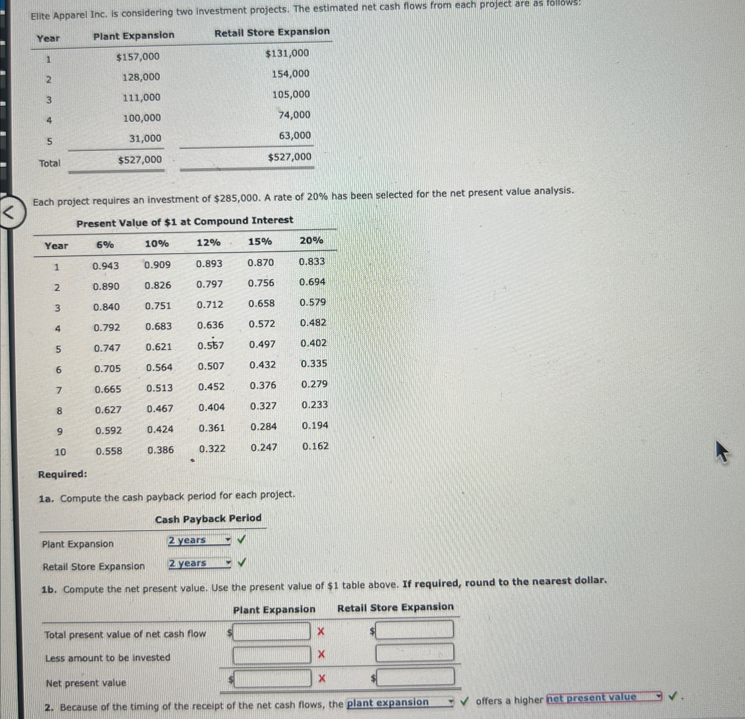 Inc. is considering two investment projects. The estimated net cash flows from