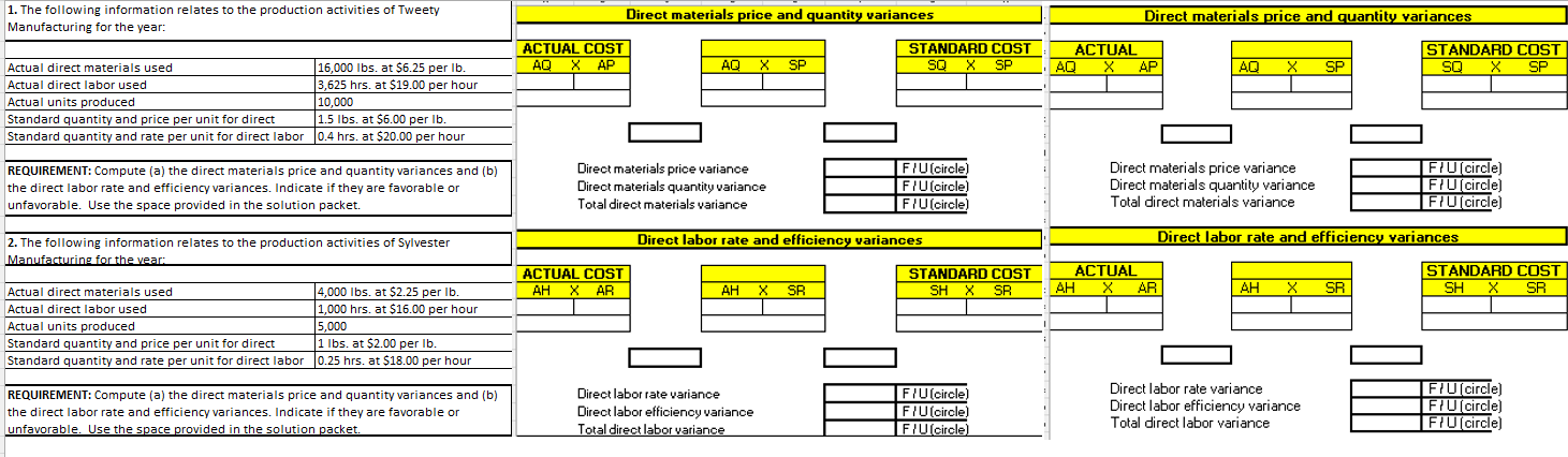 materials A rice and X uantit variances STANDARD COST F (circle) variances