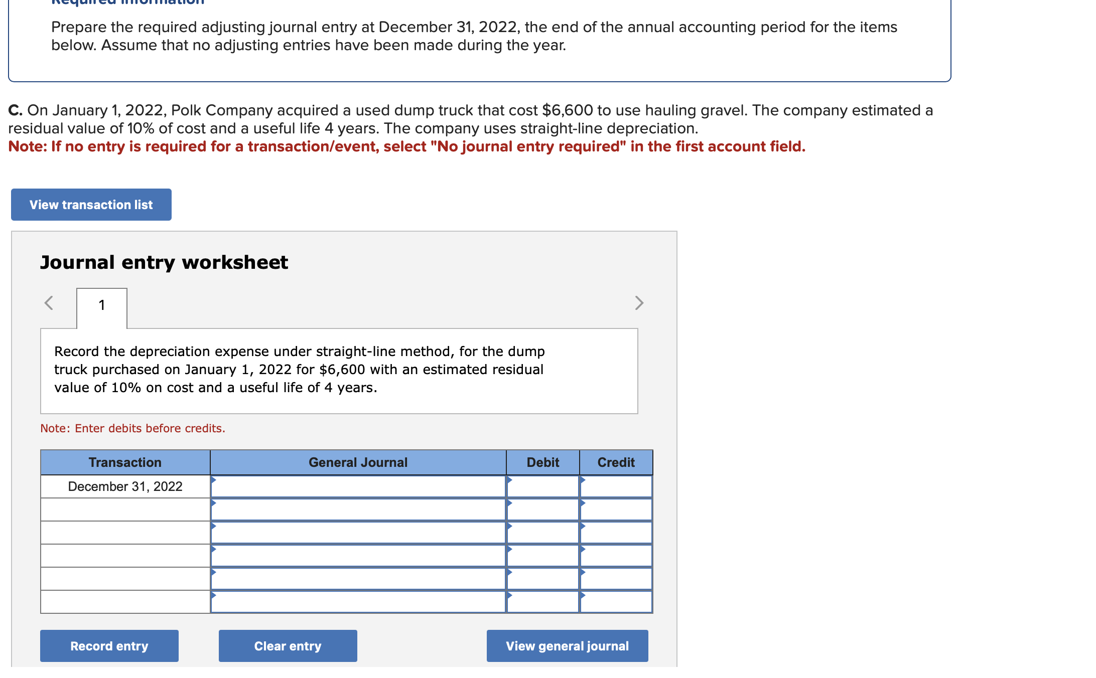Prepare the required adjusting journal entry at December 31,2022, the end