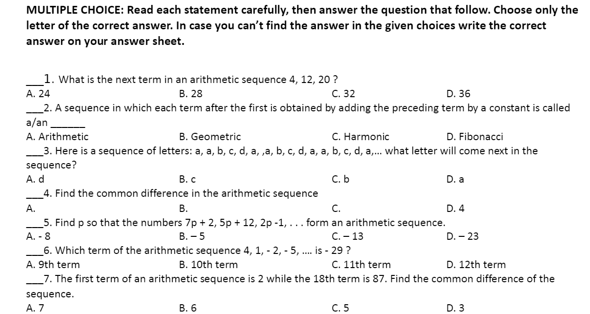  MULTIPLE CHOICE: Read each statement carefully, then answer the question that