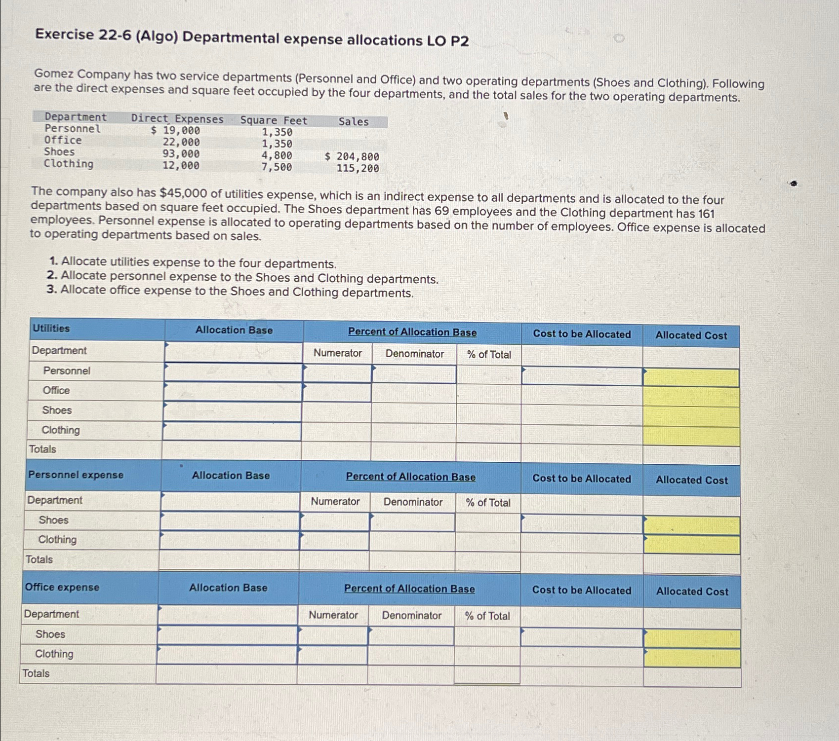 service departments (Personnel and Office) and two operating departments (Shoes and Clothing).