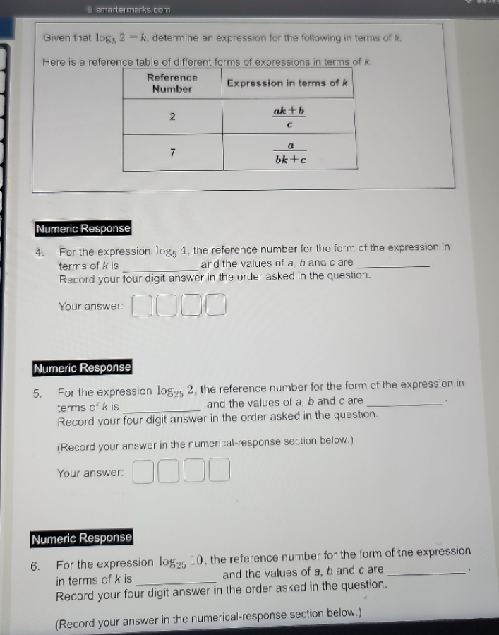  smartermarks.com Given that log: 2 = k, determine an expression for