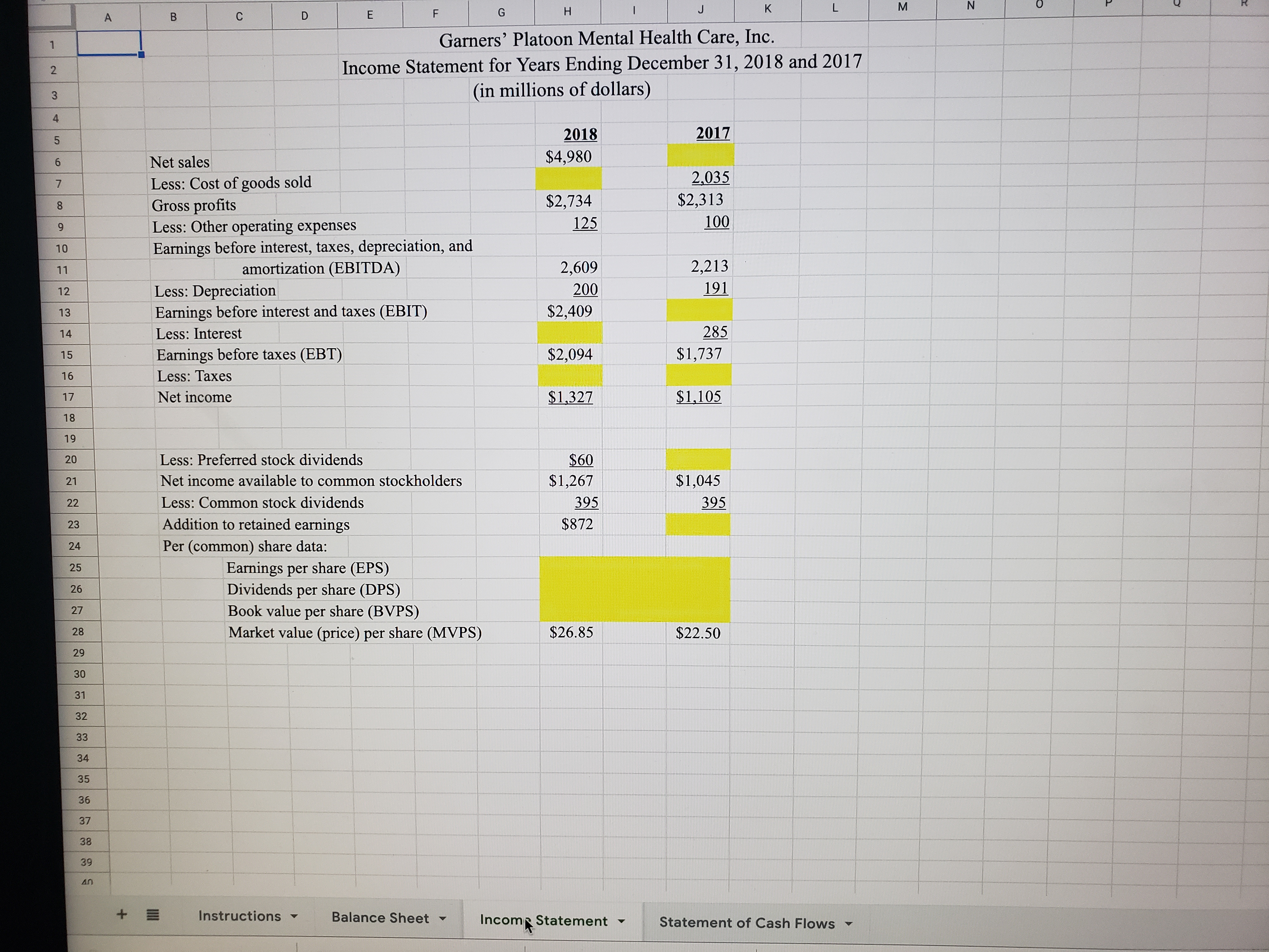 S T U V Instructions: Attached are partial financial statements for Garners'