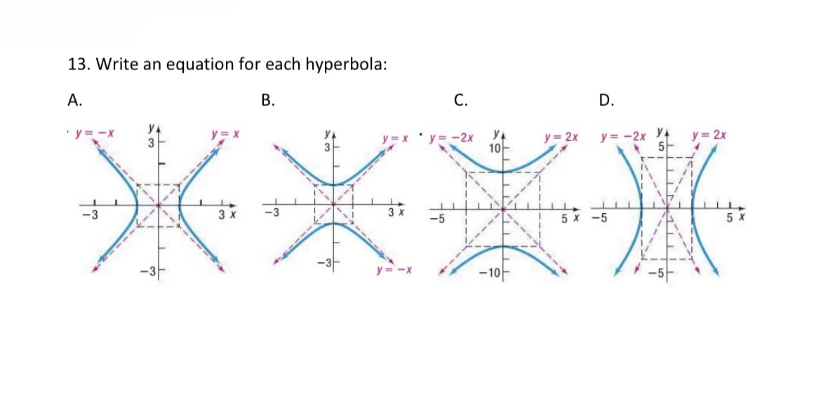 13. Write an equation for each hyperbola: A. B. C. D.