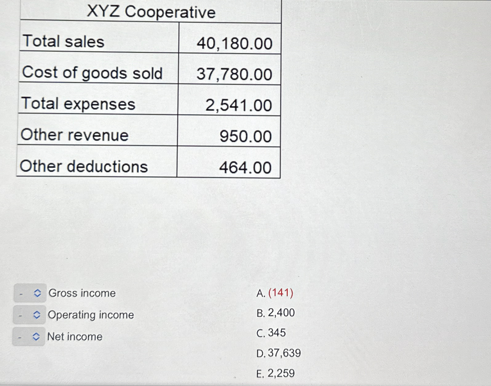 statement to the corresponding calculated numbers. One of the answer choices, a