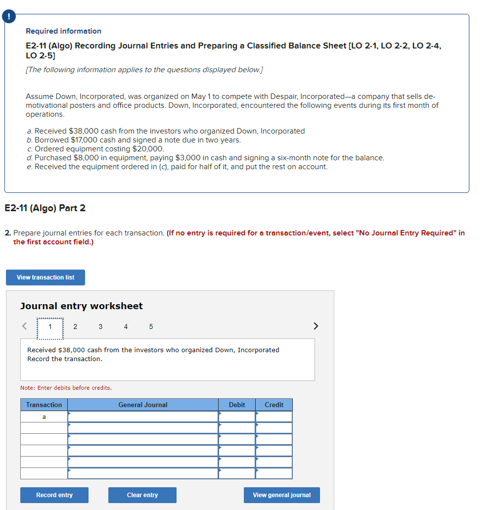 Required information E2-11(Algo) Recording Journal Entries and Preparing a Classified Balance