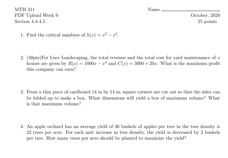 MTH 211 Name PDF Upload Week 9 October, 2020 Section 4.4-4.5