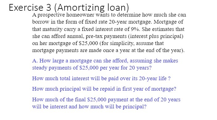 Exercise 3 ( Amortizing loan ) A prospective homeowner wants to