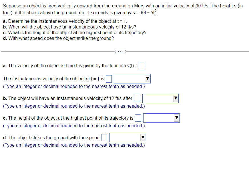 Mars with an initial velocity of 90 ft/s. The height s (in