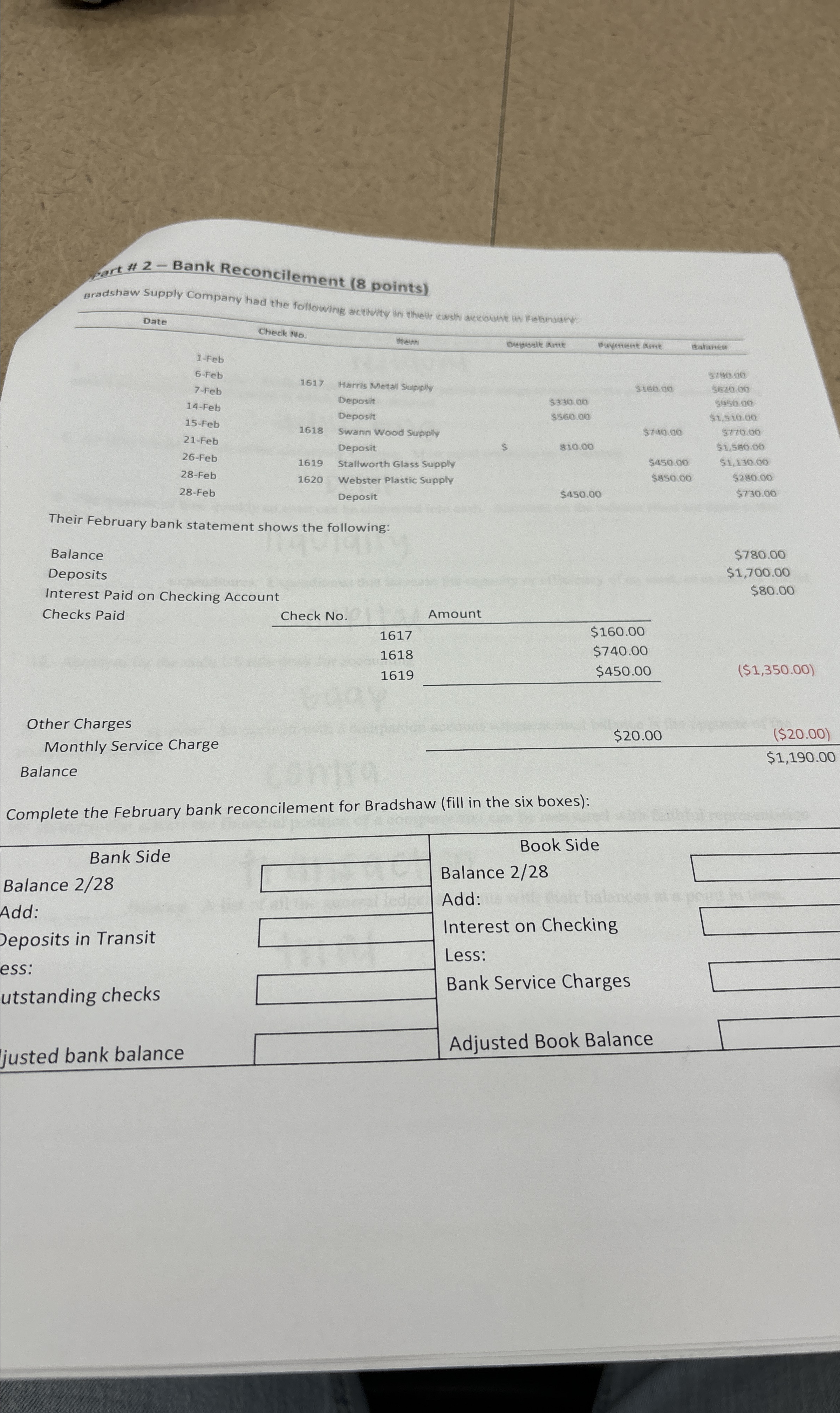 fart # 2- Bank Reconcilement (8 points) Bradshaw Supply Company had