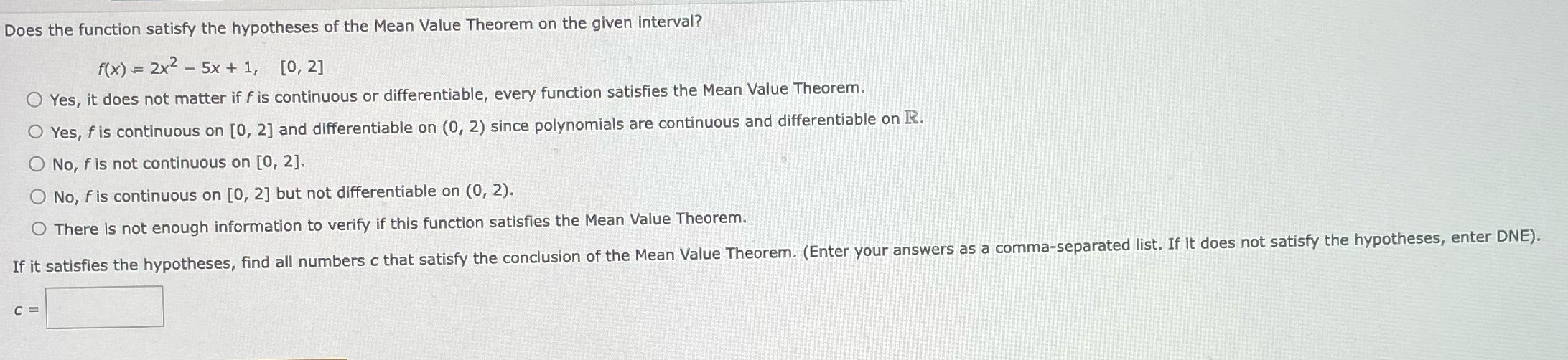 Does the function satisfy the hypotheses of the Mean Value Theorem