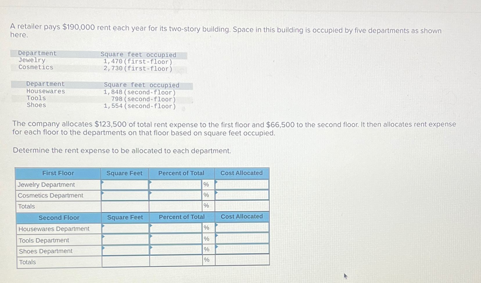  A retailer pays $190,000 rent each year for its two-story building.