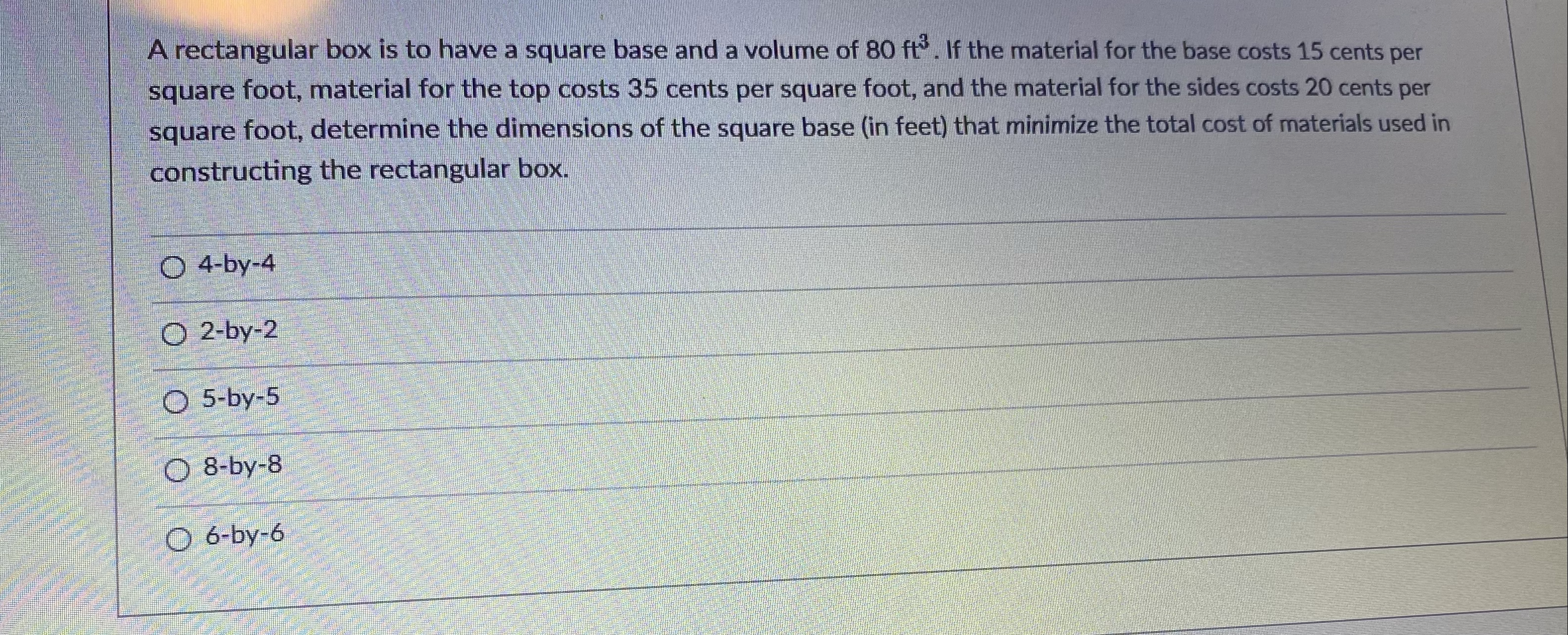 that minimize the total cost of materials used in constructing the rectangular