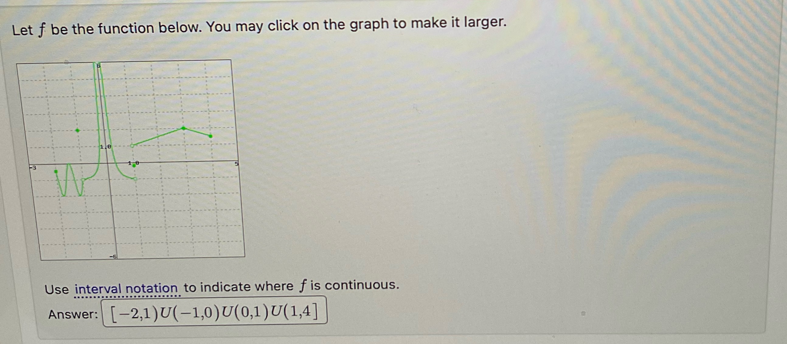 graph to make it larger. Use interval notation to indicate where f
