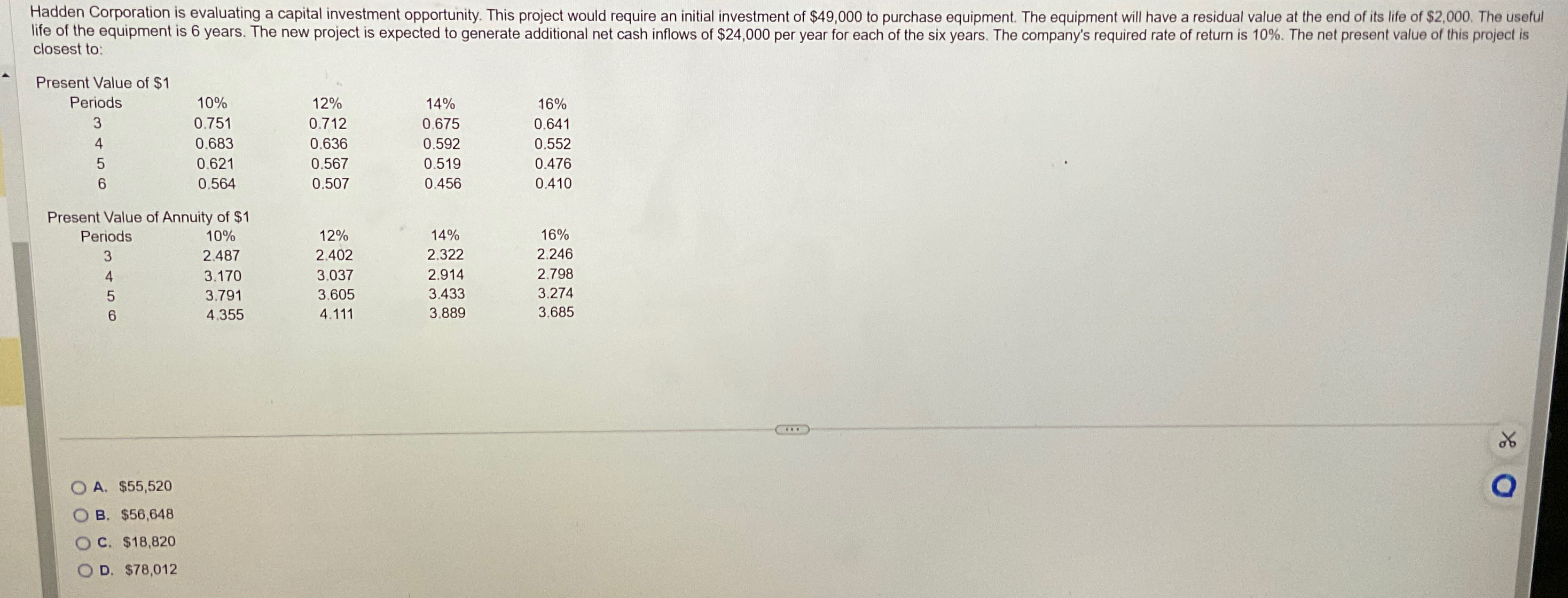 an initial investment of $49,000 to purchase equipment. The equipment will have
