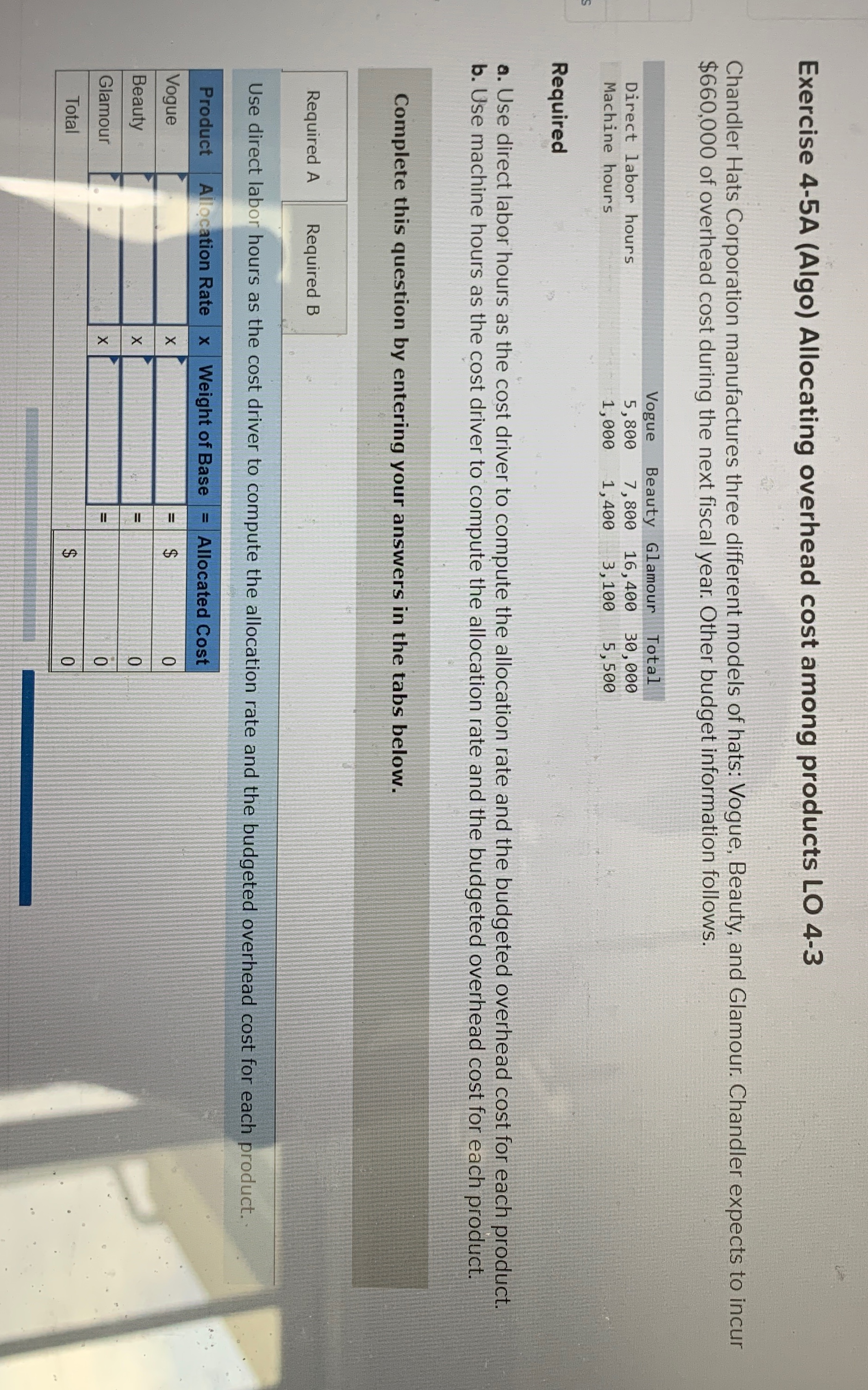 Exercise 4-5A (Algo) Allocating overhead cost among products LO 4-3 Chandler