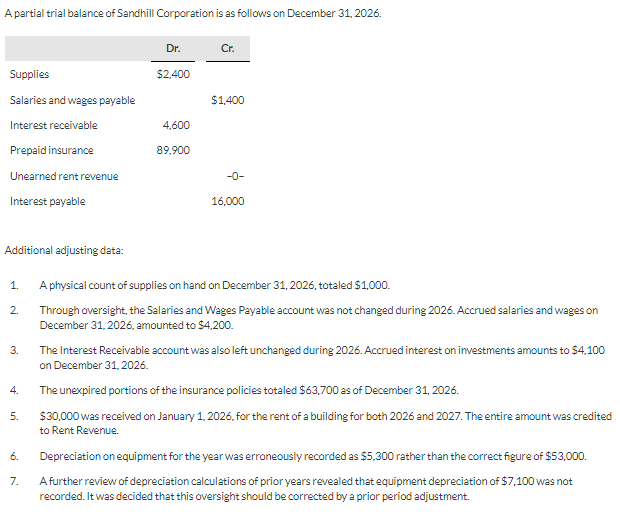 the adjusting entries necessary at December 31,2026?(Ignore income tax considerations) A partial