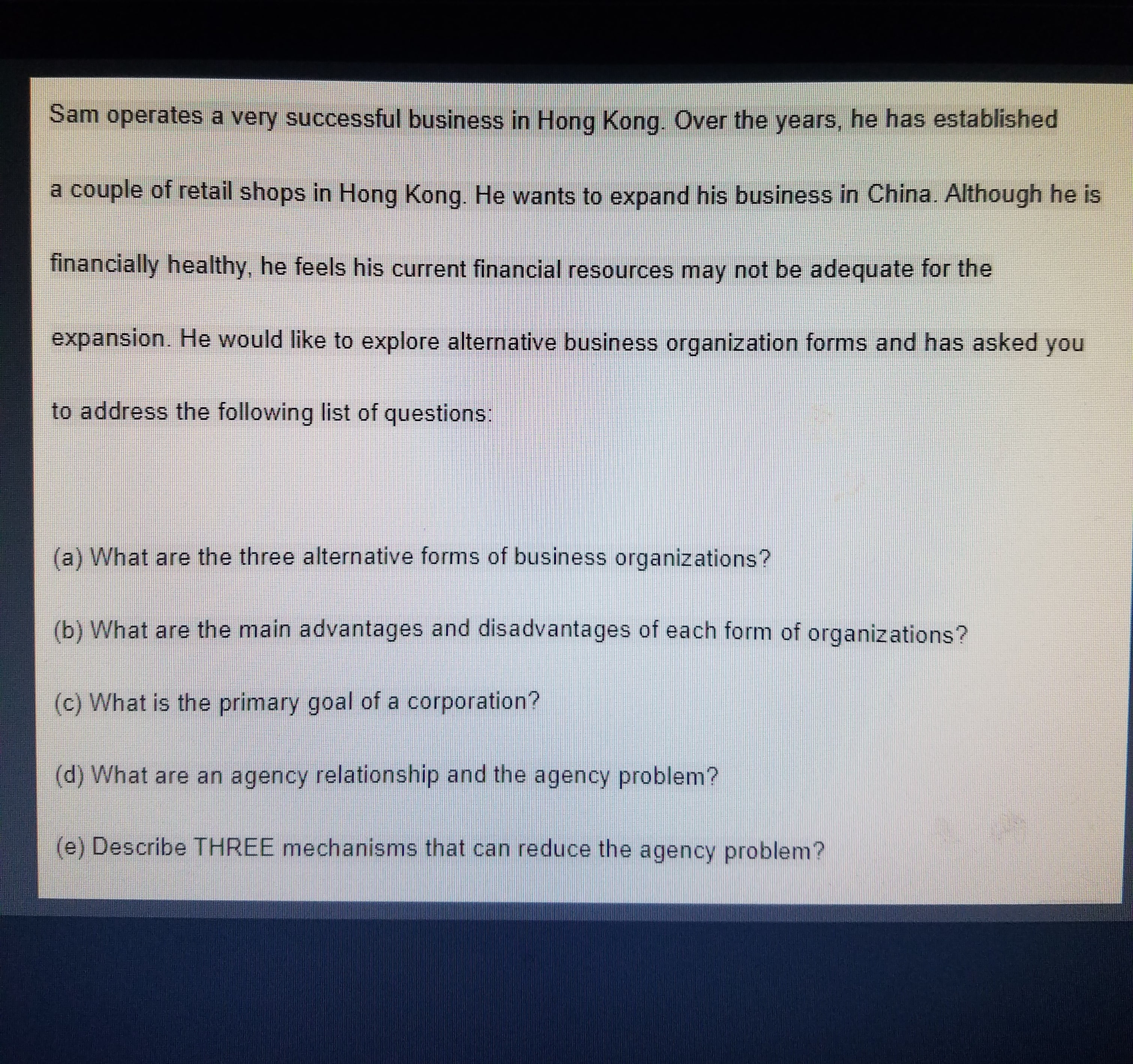 Sam operates a very successful business in Hong Kong. Over the years,