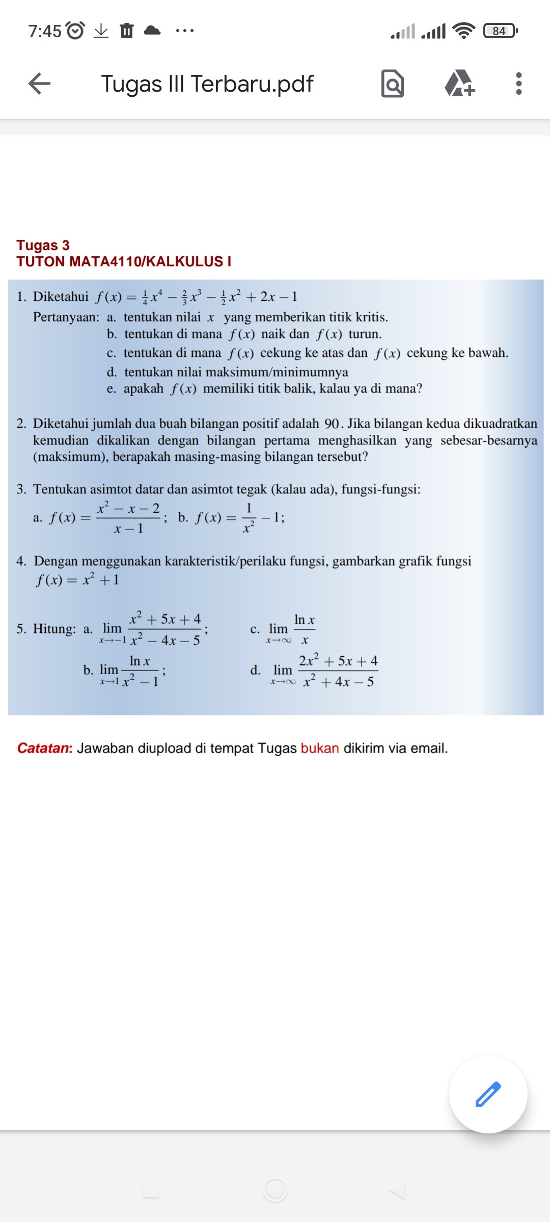 7:45 'O Tugas 3 Tugas Ill Terbaru.pdf TUTON MATA41 IO/KALKULUS I I.