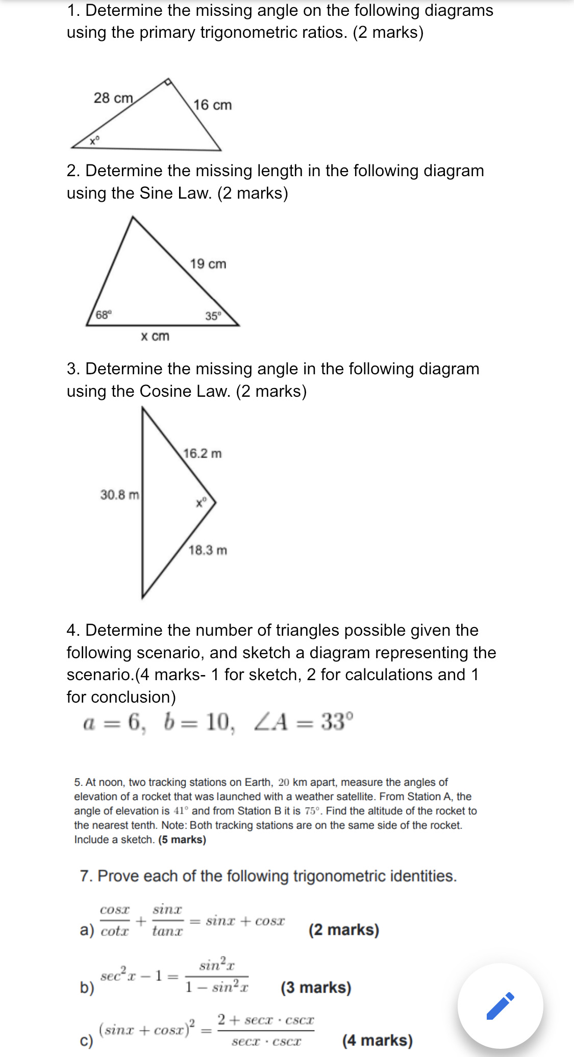 1. Determine the missing angle on the following diagrams using the